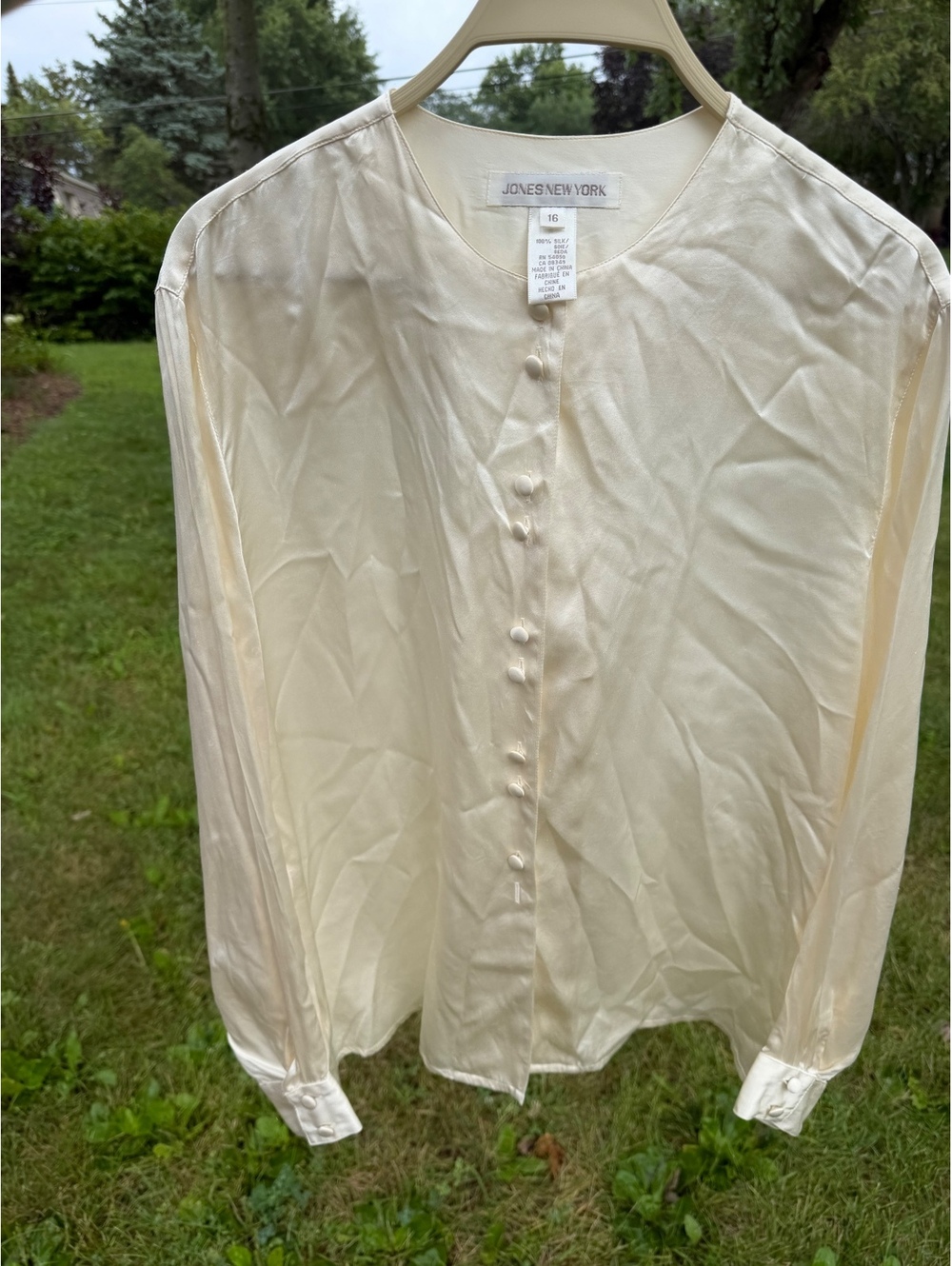 Womens Jones New York Silk Button Up Cream Blouse 90s Minimalist Clean Quiet XL